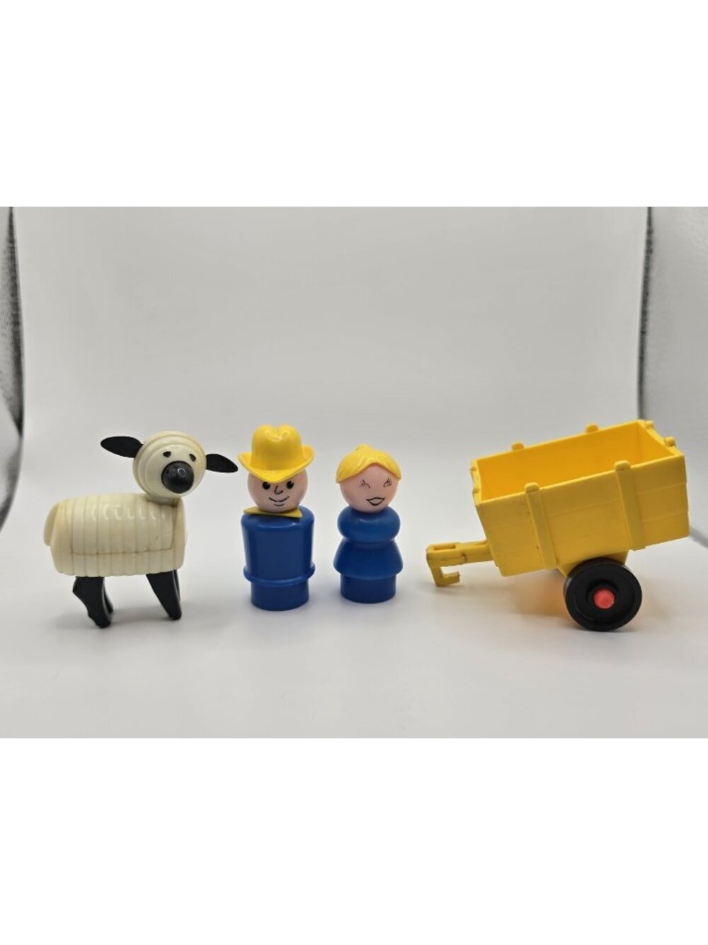 Vintage Fisher Price Play Family Farm- Girl, Boy Sheep Characters And Trailer